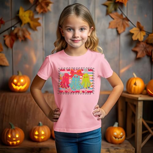 Girls Halloween Shirts Cute Neon Bow Ghost T-Shirt Kid Coquette Boo Tees Spooky Season Outfit Short Sleeve Fall Tops4