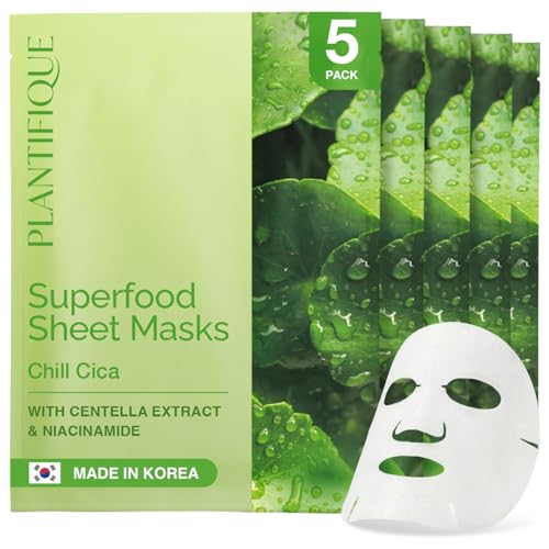 Image of PLANTIFIQUE Korean Sheet Mask, 5 Pack - Calming & Soothing Face Masks with Centella Extract, Niacinamide & Hyaluronic Acid - Mascarillas Faciales
