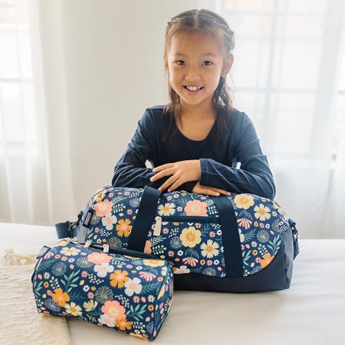 Image of Wildkin Kids Overnighter Duffel Bag - Carry-On Travel Bag for School & Sleepovers, Lightweight, Durable, Boys & Girls Ages 4-15 - Floral Bloom