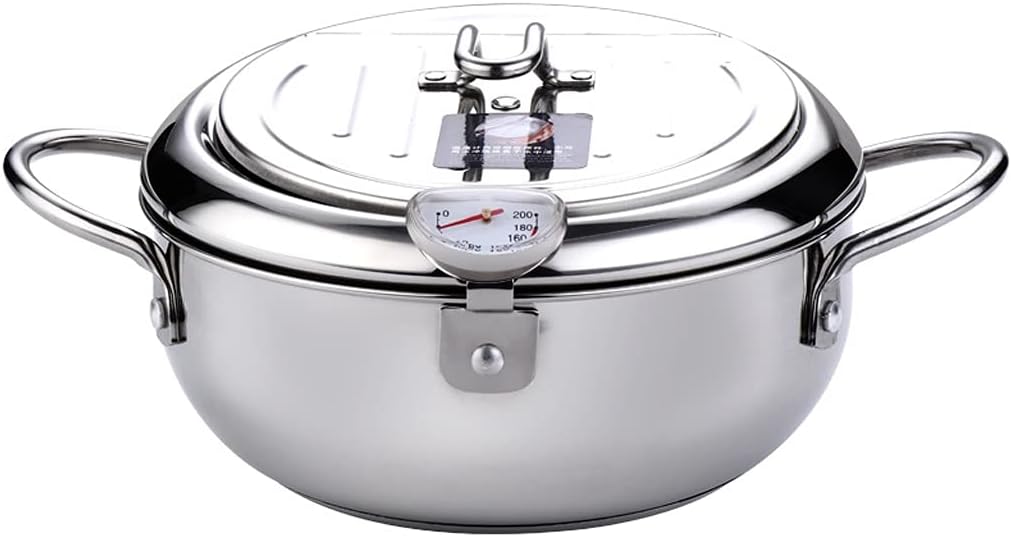 Deep Frying Pot with A Thermometer and A Lid 304 Stainless Steel Kitchen Fryer Pan 20 24 Cm(20cm)