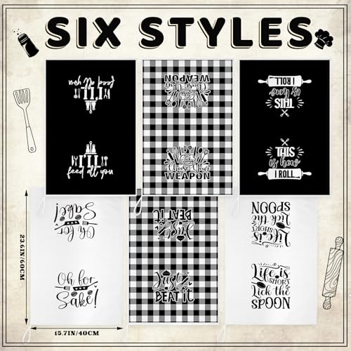 Image of Bencailor 6 Pcs Black White Plaid Kitchen Towels Decorative Sets Dish Towels Absorbent Fast Drying Hand Tea Vintage Hanging Reusable Cleaning Dishcloths for Cooking Farmhouse Bathroom Accessory
