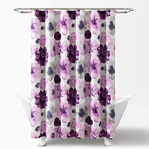 Image of Lush Decor Leah Floral Shower Curtain, 72 inch W x 72 inch L, Gray /Purple - Fabric Shower Curtains - Watercolor Botanical Bathroom Curtain - Farmhouse & French Country Decor