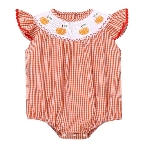 Image of ODASDO Newborn Infant Baby Girls Smocked Bubble Rompers 1st First Birthday Halloween Thanksgiving Party Cake Smash Outfit Toddlers Kids Pumpkin Bodysuit One-piece Playsuit Jumpsuit Orange 0-6M