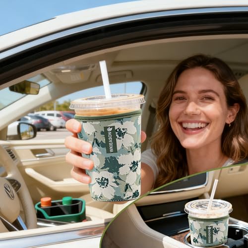 Image of Reusable Iced Coffee Cup Sleeve Insulator for Cold Beverages and Neoprene Cold Coffee Cup Sleeves Cooler Cover 16-32OZ for Coffee Cups, McDonalds, Dunkin Donuts, More(Floral green)