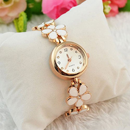 Women Girl Chic Fashion Daisies Flower Rose Golden Bracelet Wrist Watches (White) #TOP1