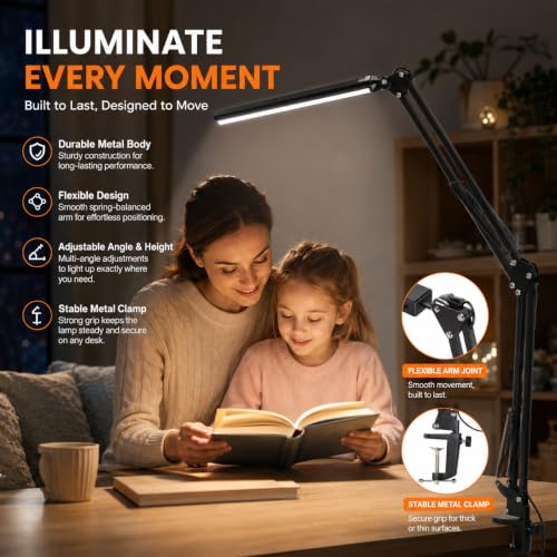 Image of One94Store Overhead LED Desk Lamp with Clamp | 360 Adjustable Swing Arm Table Light, 3 Color Modes & 10 Brightness Levels, Eye-Caring Reading Lamp with Memory Function for Study, Office & Home, Black