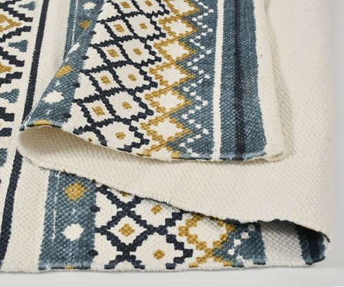 Image of SAGON 2x5 Ft Printed Runner Carpet - Cotton Bedside Rug for Bedroom & Living Room (Multi Striped Geometric)