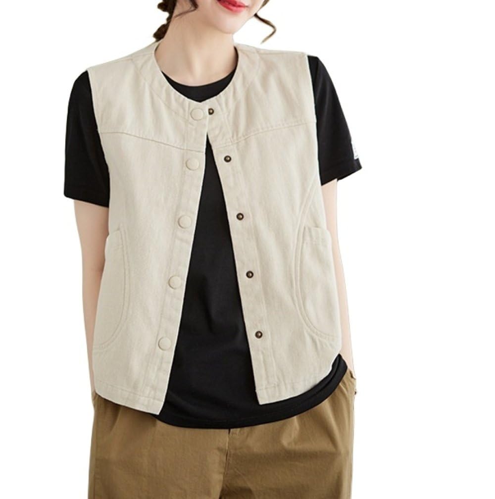 Yonghongkeji Women's Beige Cotton Linen Waistcoat, Single Breasted Crew Neck Waistcoat Office Formal Suit Vest With Pockets Sleeveless Blazer Jacket Gilet Summer Vest Top,,L