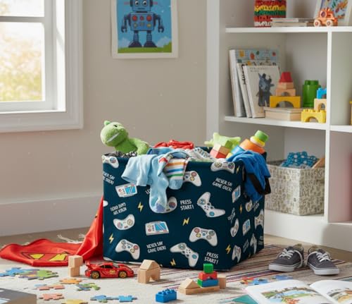 Image of Rectangular Valentines Basket Fabric Storage Bin Storage Boxes Collapsible Storage Basket for Clothes Books Shelves Basket(Blue Game)