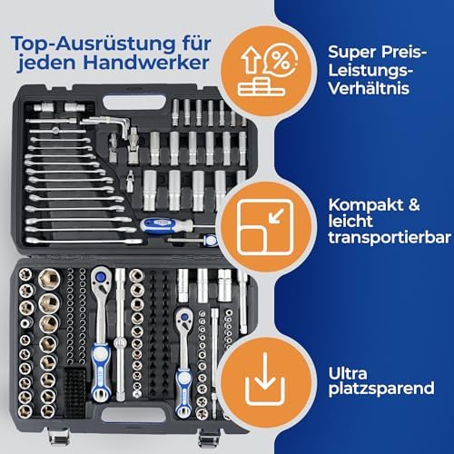 Bild 5 - SUG - Werkzeugkoffer gefüllt 216-tlg - Profi Steckschlüsselsatz 1/2, 1/4, 3/8 komplett bestückt - Werkzeugkasten/Ratschenkasten für Haushalt & Werkstatt - Steckschlüssel-Set Nusskasten kurz und lang