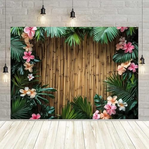 Tropical Hawaiian Flower Palm Leaves Photo Backdrop Bamboo Wall Tropical Green Leaves Bride Shower...