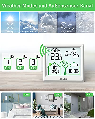 Foto von Wetterstation Funk Mit Außensensor, Manwe Multifunktionale Funkwetterstation Digital Thermometer Hygrometer Innen/Außen, Mit Wettervorhersage, Zeitanzeige, Weckerfunktion - inkl.5 Original Batterien