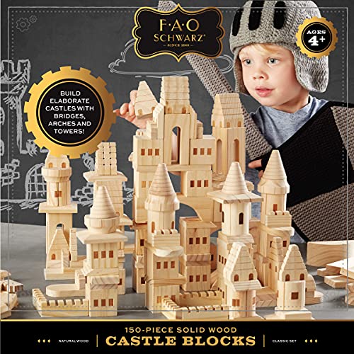 FAO SCHWARZ {150 Piece Set} Wooden Castle Building Blocks Set, Toy Solid Pine Wood Block Playset Kit for Kids, Toddlers, Boys, and Girls - Thumbnail 2