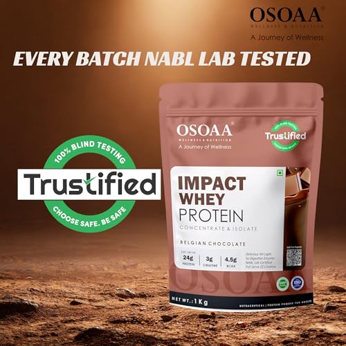 Image of OSOAA Impact Whey Protein 1kg- Belgian Chocolate | Isolate & Concentrate | 24g Protein & 3g Creatine with 5X Digestive Enzymes | Trustified Certified & NABL Lab Tested