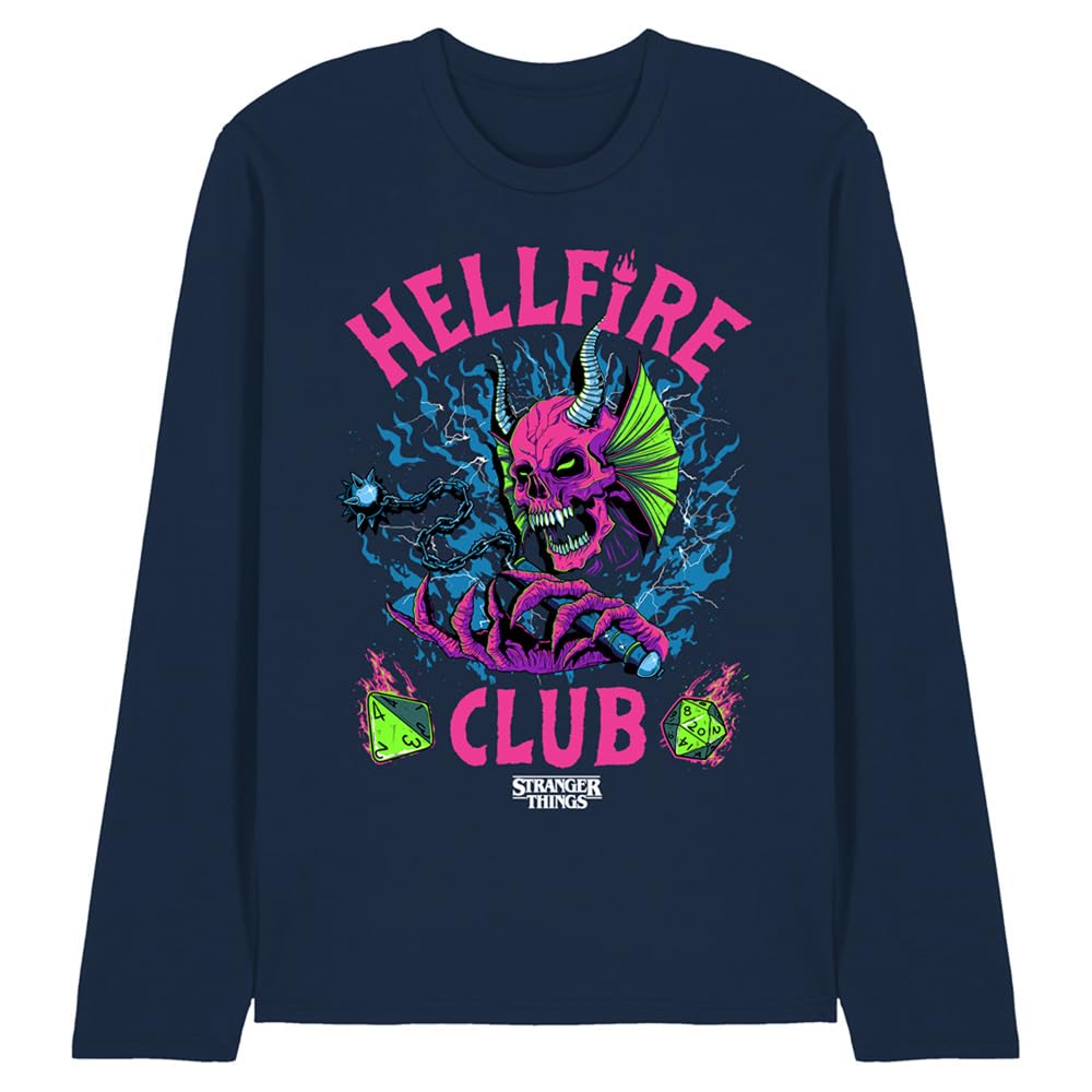 Stranger Things Unisex Navy Hellfire Neon Dice Long Sleeve T Shirt, Small