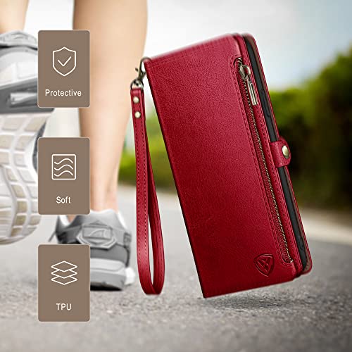 Image of XcaseBar Compatible with Samsung Galaxy S25 Wallet case with Zipper Credit Card Holder【RFID Blocking】,Flip Folio Book PU Leather Phone case Shockproof Cover Women Men for Samsung S25 case Red
