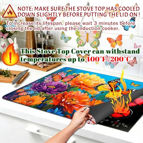 Image of Spring Stove Top Cover for Electric Stove 28 inchx 20 inch, Flowers Butterflies Heat Resistant Glass Top Stove Cover Protector, Glass Cooktop Covers, Kitchen Flat Electric Stove Top Covers