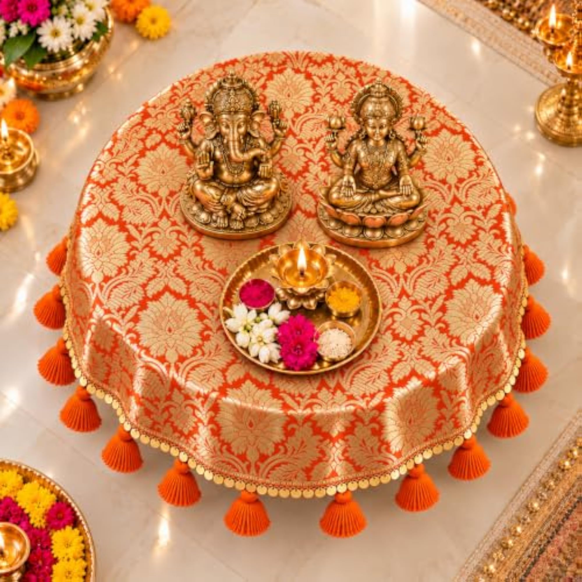 Orange Brocade Silk Round Thali & Chowki Cover with Gold Lace