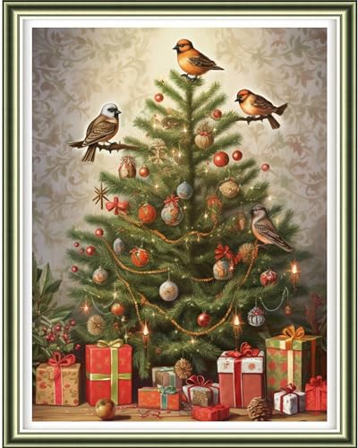 Image of Findvoor Stamped Cross Stitch Kits for Beginners Full Range of Cross Stitching Embroidery Pattern for Adults, 11CT DIY Needlepoint Embroidery Starter Kits-Bird Christmas Tree 15.7x19.7 inch