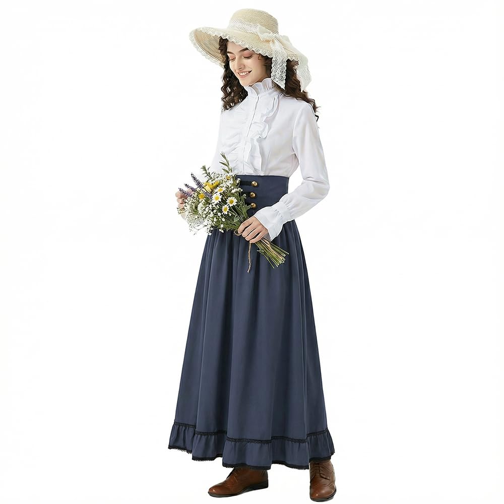 Robe française élégante à volants et manches ruchées – Costume médiéval féminin (Chemisier + Jupe vintage haute taille) – Ensemble Business Casual pour Femme – Jupe mi-longue de bureau et haut élégant