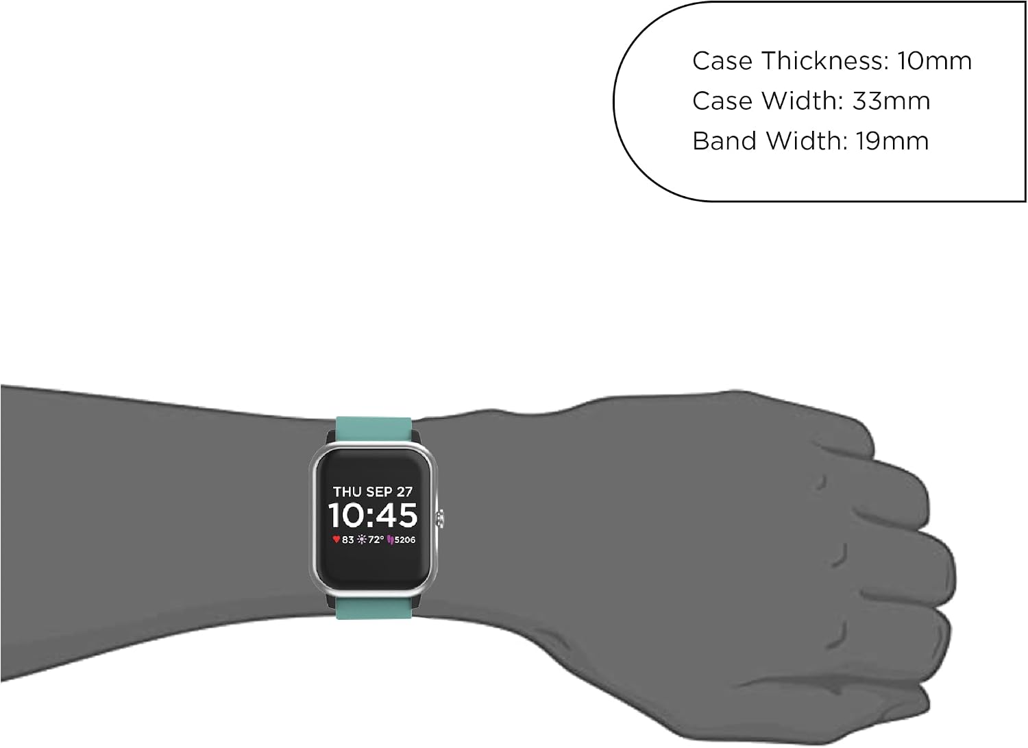 Diagram showing the dimensions of the Q7 Plus Smartwatch: Case Thickness 10mm, Case Width 33mm, Band Width 19mm, with an image of the watch on a wrist.
