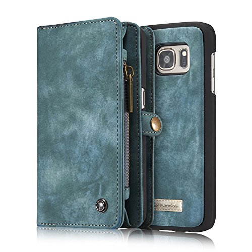 S7 Edge Dermis Wallet case,AKHVRS Handmade Genuine Cowhide Leather Wallet Cover Case - Large Capacity Leather Wallet Type Case with Zipper Wallet Case for Samsung Galaxy S7 Edge - Dark Brown - Blue