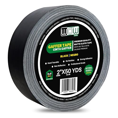Wow Gaffers Tape 2 Inch Black - 50 Yards, Residue Free, Non-Reflective & Heavy-Duty - Professional...