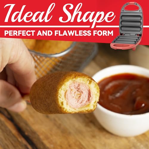 Image of SugarWhisk Electric Corn Dog Maker, Fryer for 3 Mini Corn Dogs on Stick, Cheese Mozzarella Sticks & Treats, Corndog Maker Machine, Hot Dog Machine, Brush Included, Red