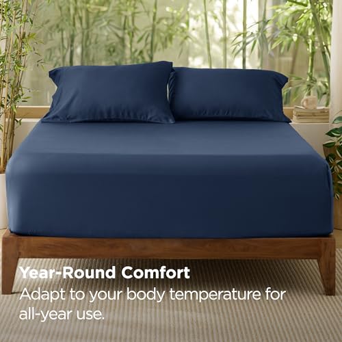 Image of Bedsure PureWoven Full Size Fitted Sheet, 100% Rayon Derived from Bamboo | Cooling Bottom Sheet for Hot Sleepers, Breathable & Soft, Deep Pocket Up to 18 inch, Secure Elastic Corner Straps, Navy