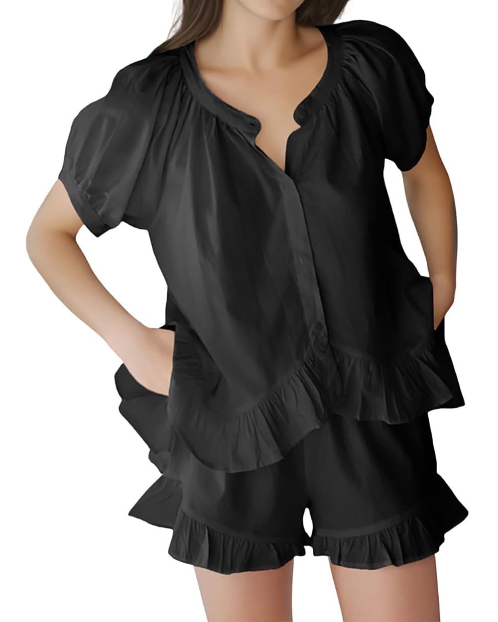 Xfileen Womens Fashion Summer Short Sets Short Sleeve Button Down Ruffle Trim Top and Shorts Cotton Pajama Sets