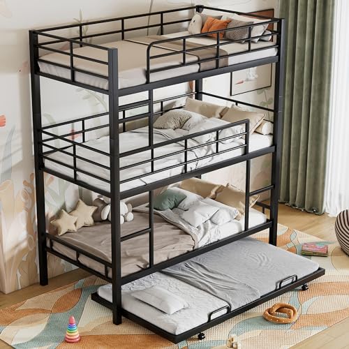 Heavy Duty Triple Bunk Bed Twin Over Twin Over Twin, 3 Bunk Bed with Trundle, Kids Bunk Bed with 2 Ladders and Guardrails, Triple Bunk Beds for Kids, White Triple Bunk Bed Twin Size (Black)
