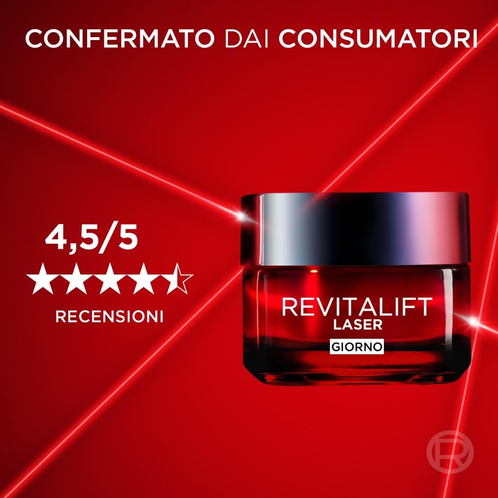 L'Oréal Paris Crema Viso Giorno Revitalift Laser, Per Tutti i Tipi di Pelle, Azione Antirughe e Anti-Età, Pelle più Soda e Tonica, Con Acido Ialuronico, Vitamina C e Pro-Retinolo, 50 ml