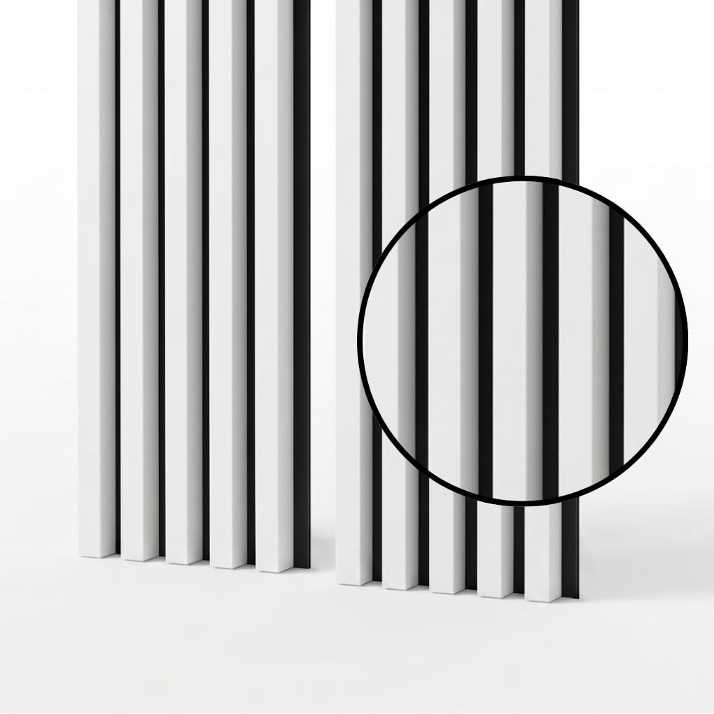 Paneles acústicos decorativos 3D MDF 2 piezas 26,5x240 cm blanco sobre base negra con listones verticales modernos para espacios interiores luminosos