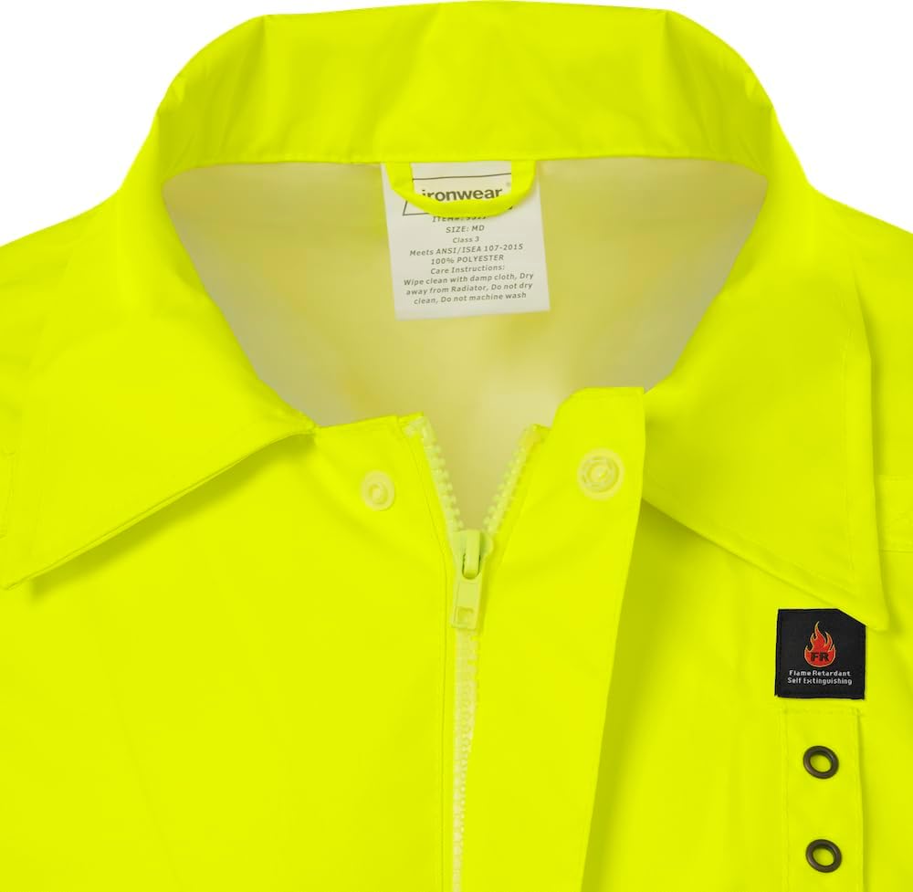 Ironwear 9520FR Fire Retardant Hi-Visibility ANSI Class 3 Rain Jacket with Tuck-Away Hood and Reflective Stripes