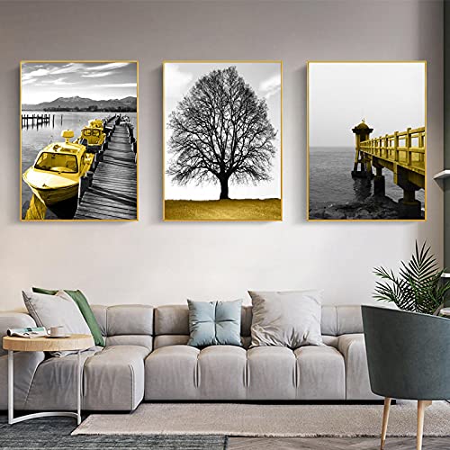 Toile peinture golden boat bridge triptyque pour habiller un grand mur de salon