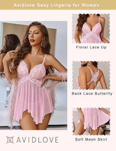 Image of Avidlove Sexy Lingerie for Women V-Neck Lace Babydoll Mesh Chemise Sleepwear Boudoir Outfits