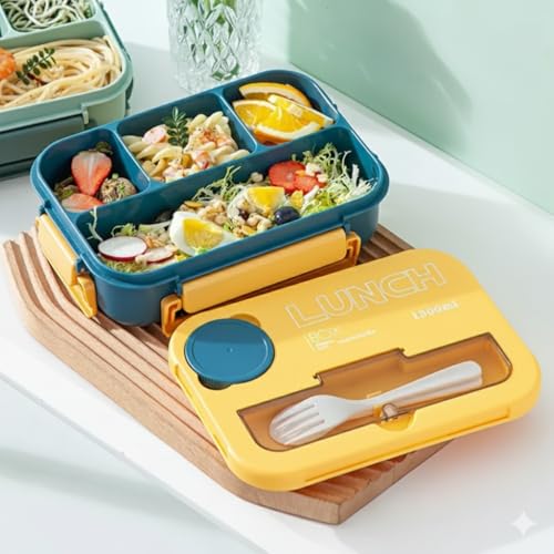 Cilox Bento Lunch Box for Kids with 4 Compartments 1300 ml (44 OZ), Utensils and Leak-Proof Lid, Microwave and Dishwasher Safe, Bento Box Adult Blue and Yellow - image 8