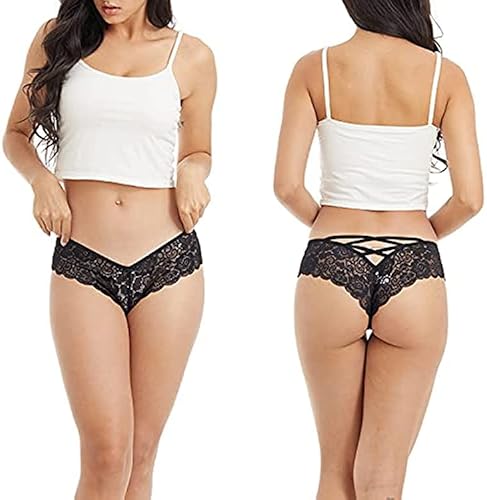 Muulyca Women’s Sexy Lace V-Back Thongs Criss Cross Panties 4 Pack,Rwnb,L #TOP6