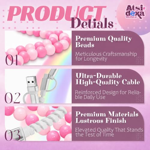 Image of 4-in-1 Beaded Charging Cable, MFi Certified, Works with CarPlay, 3.3FT 60W Fast Charger Cord for iPhone 17 /16 /15 /14 /13 /12 /11, iPad, Samsung, Android and More (Pink Swirl)