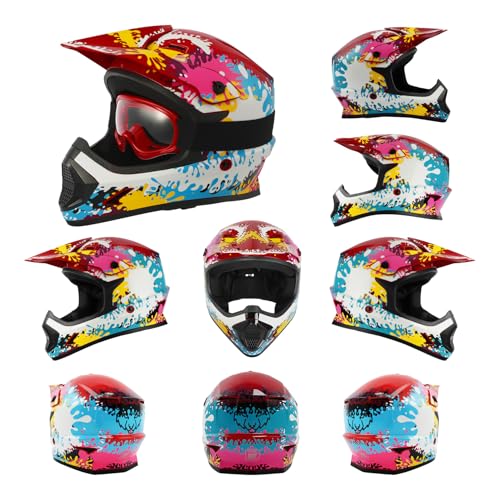 Image of XFMT Youth Dirt Bike Helmet DOT Kids Full Face Helmet for Motocross ATV Off-Road Street Bike Four Wheeler with Goggles & Gloves, Spray Graffiti X-Large
