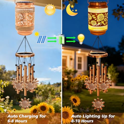 Image of 2 Pack Sunflower Solar Wind Chimes for Outside, Gifts for Mom Women Grandma Birthday Memorial Teacher, 32 inch Windchimes Outdoor Decor Hanging Solar Lantern for Garden Porch Patio Backyard