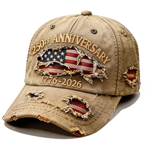 250 Anniversary USA Hat 1776-2026 Flag Vintage Washed Hat Distressed Denim Embroidered Baseball Cap for Men Women (Khaki)