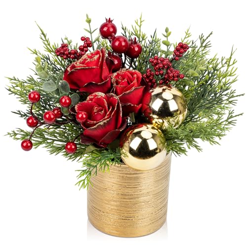 Mini Christmas Tree, Artificial Potted Christmas Tree with Ball Ornaments