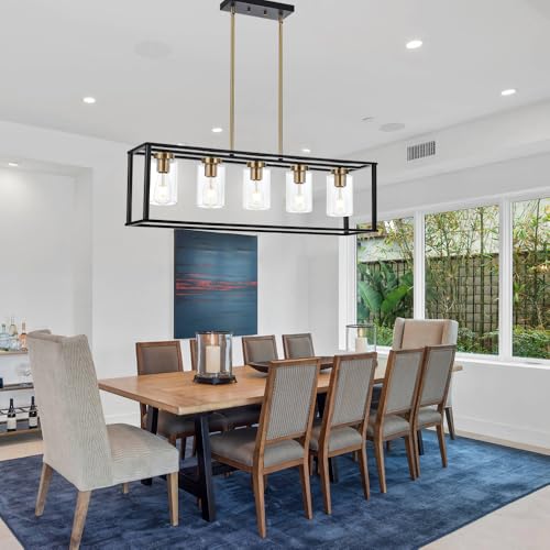 Image of Farmhouse Chandeliers for Kitchen Island with Clear Glass Shade Black and Brushed Brass 5 Light Dining Room Lighting Fixtures Hanging, Rectangle Pendant Lights Industrial Ceiling Light
