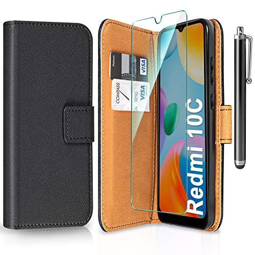 ivencase Coque pour Xiaomi Redmi 10c + Protecteur d'écran + Stylo, Case PU Leather Etui Portefeuille Flip Magnétique Support Slot de Carte Antichoc pour Xiaomi Redmi 10c - Noir Cover