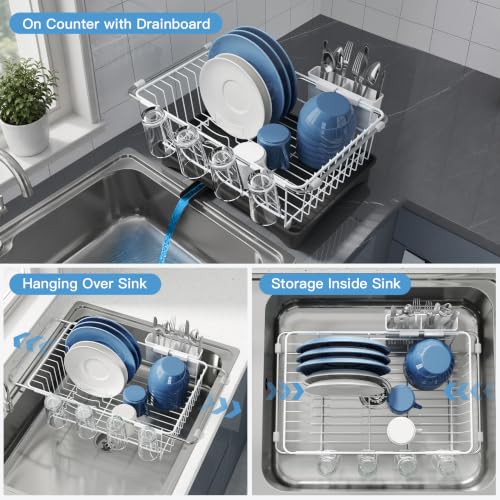 Image of JASIWAY White Dish Drying Rack in Sink with Drainboard and Utensil Holder