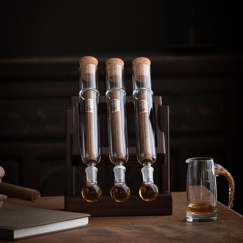 Cigoak Maestro Wooden Cigar Infuser Set, Glass Tubes with Stand, 12.8 x 2.95 x 8.27 inches, Adjustable Humidity Control, 3 Tube Humidor Kit