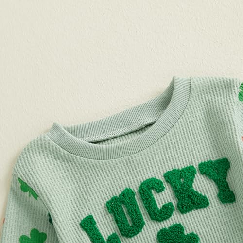 Image of Toddler Baby Boy Girl St Patricks Day Outfit Lucky Embroidery Waffle Long Sleeve Sweatshirt Pants Spring Clothes Set