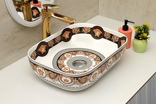 Image of Moroccan Design Ceramic Tabletop Wash Basin | Countertop Vessel Sink | Wash Basin over counter For Bathroom Hotel Home (18x13x5.5 Inch) (TORO 4014) (Moroccan Design 116)