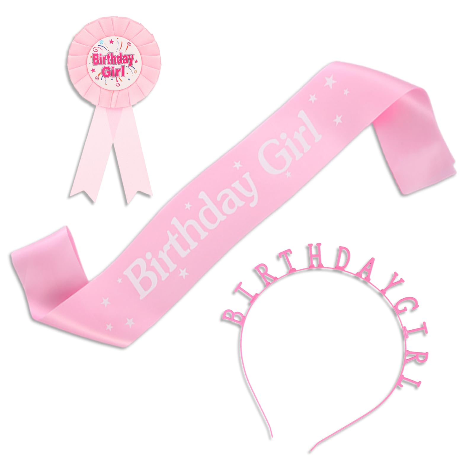 Lufdegim 3 Pcs Its My Birthday Badge Birthday Headband and Sash Princess Headband for Party Decoration (Pink)